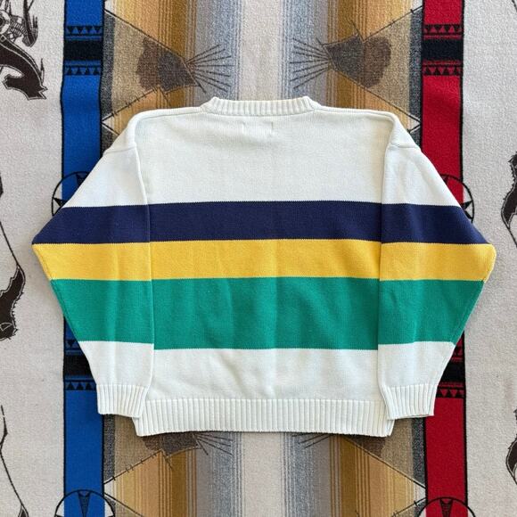 Vintage 90s Eddie Bauer Pullover Knit Sweater Size Large Striped Cotton Cottage - Picture 2 of 8